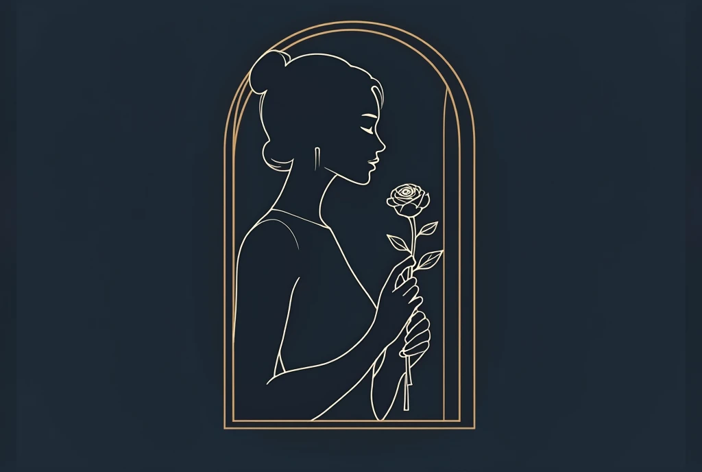 simple line drawing of woman holding rose, gold lines on dark blue background, simple, modern art, simple shapes, woman body silhouette outline, minimalistic design, simple wood carving, monochromatic, white and black only