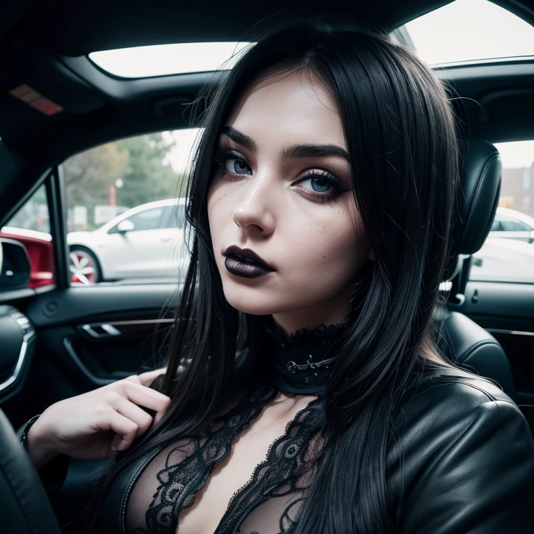 (masterpiece, Best quality, absurdity, 4K, aesthetic, detailed, difficult, perfect lighting),cinematic angle,cinematic lighting,1 girl,A big, neat goth girlfriend,dent in the skin,The interior of the car,hair over one eye,