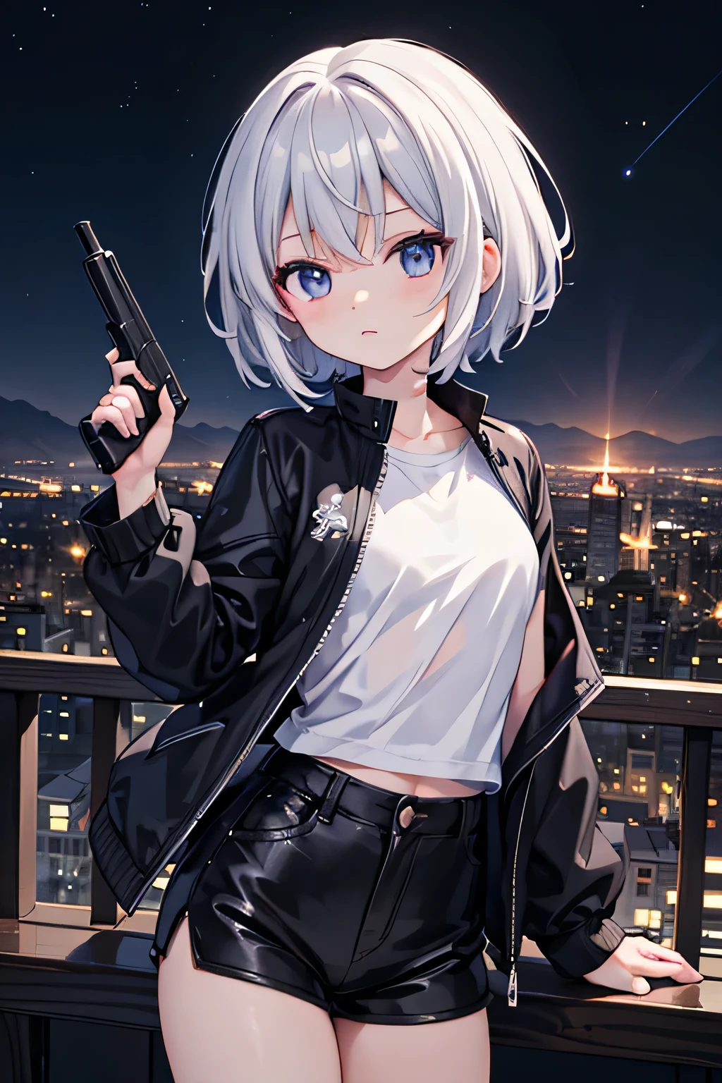 anime style, super fine illustration,masterpiece,best quality, super detailed, dynamic angle, beautiful detailed, 8k, On a summer night, at the observatory at the top of the mountain, BREAK Cat Ear Girl, transfixed by the beautiful night view of the city, is holding a gun.BREAK The night view sparkles in the background.BREAK (white T-shirt:1.2),(black hot pants:1.2),(black jacket:1.2),Small breasts,Short Hair,Gray Hair,Blue eyes