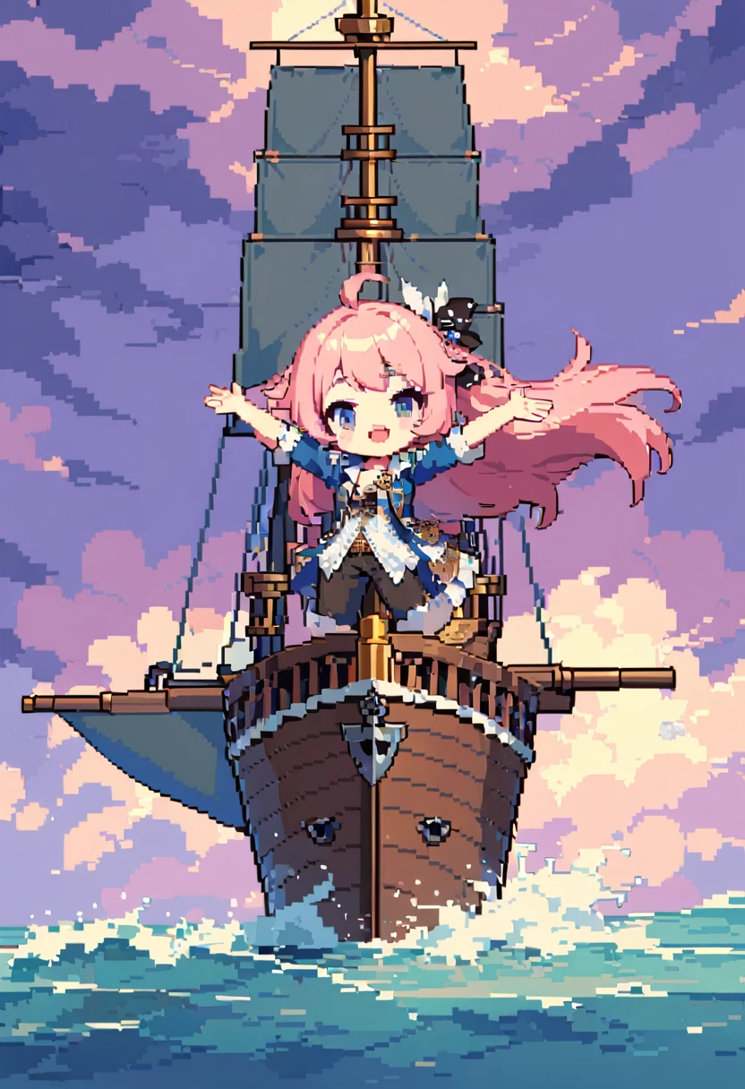 masterpiece, Highest quality, 8k, Pixel art, Pixel art, Vivid, high details, (((1girl))), Sheep, smile, cute, Directed at an angle, Open your mouth, Fluffy hair, Long Hair, Hair like sheep's hair, Pink Hair, eyebrow, 太いeyebrow, , ((whole body, From below:1.2, Side Shot)), BREAK (pirate girl, Stand on the observation deck of the highest mast:1.2), (cuteノースリーブの海賊衣装, cute海賊靴), BREAK ((Spread your legs, Stand with your back straight, ((Stretch your arms horizontally:1.2)), A small telescope in his hand)), (Please open your mouth wide, A look of determination:1.2), BREAK (The background is the mast of a pirate ship, Rough seas, Clouds before the storm)