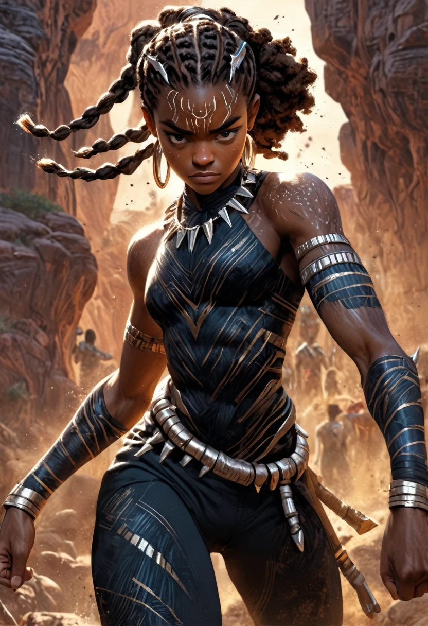 Letitia Wright as Shuri from the movie Black Panther Wakanda Forever, full body shot, highly detailed cinematic illustration, black outlining, full color illustration, vivid colors, white background, in the style of Boris Vallejo & Julie Bell, masterpiece, 8k, ultra-detailed, physically-based rendering, vivid colors, dramatic lighting, intricate background, photorealistic