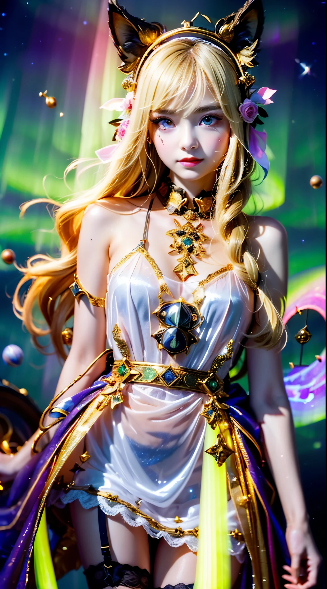 Fox Ears, very cute, Blonde Hair, Big smile, One girl, 1. Goddess Athena, The beautiful, flawless face of the goddess Athena, delicate yellow nightgown, Lots of sexy black lace detailing、Long sheer sequined nightgown, A beautiful pale red silk half veil, Legends of female saints, Icons of female saints, Beautiful goddess-like glitter, Dark and mysterious version, Vermilion lips, Plump red lips, ((口をclose:0.9)), Complete teeth, Symmetrical incisors, Bright white teeth, ((Angry face:0.8)), delicate and beautiful pino detailing, delicate and beautiful lip detail, (Pure and perfect face: 1.9), Female Eucharist, Round Breasts, 大きくてRound Breasts, Phoenix Brooch, Long, flat bangs, Long black hair, Beautiful, clear face and well-proportioned eyes, (Pale pink eyes with transparent irises: 1.8), (Big round eyes and makeup, Sexy wet eye makeup, So beautiful、Careful hair and makeup, long and delicate blonde hair, delicate, Body image: 1.8), shape: Brilliant and, (The stars that make up the sky々: 1.7), (The Gate of Heaven and Imaginary Time and Space: 1.8), Imaginary art, RAW Photos, hanfu pictures, Best Photos, High resolution, 最high quality, Best Photos, Best Goddess Quality, 8k female, Super 8 Single Saint Portrait, The most true color scheme, masterpiece, Best Beauty Brands, Best Hair Jewelry, Brand real photo, Dark studio, Border Light, Two-tone lighting, (Rosy white skin: 1.4), (High skin detail: 1.1), 8k uhd, SLR, Soft Light, 8k, high quality, Frank, Smooth and sharp volume, 10x more pixels, Sexy Goddess, Sexy Goddess, (Background Space: 1.8), (The most beautiful aurora eye: 1.7), Beautiful Eyes, The aurora is beautiful and flower-like, (Beautiful single women: 1.8), (see here:0.8), close, Approaching the Goddess, Clear and unrealistic
