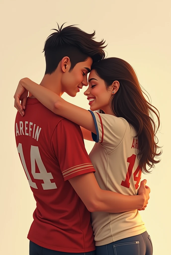 A couple whose jersy numbers are 14, male name is Arefin, girl name is Mithila, they are hug each other