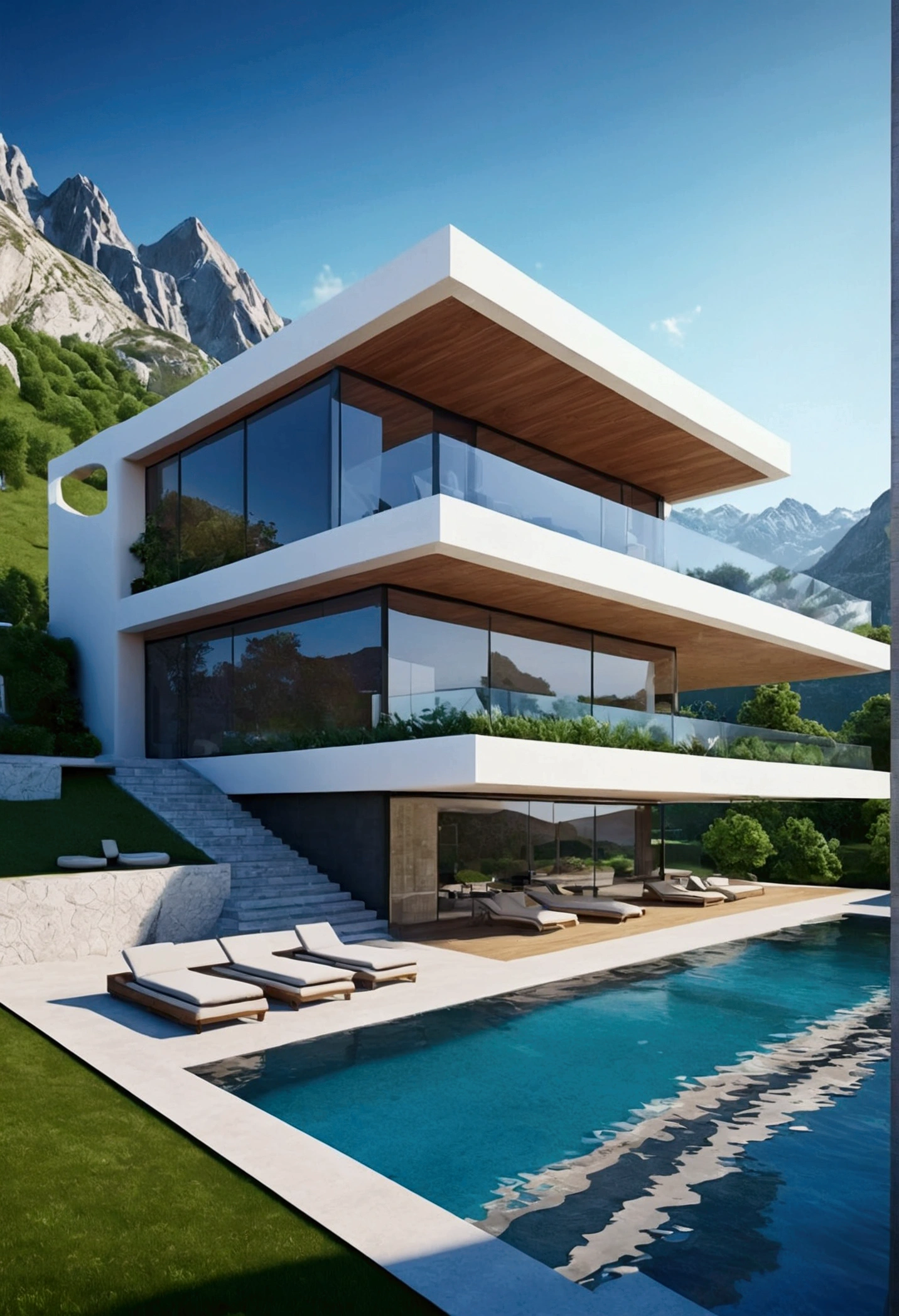 Futuristic technology house, 3-storey building, Towards the mountains, Lake view, Large swimming pool, Modern architectural style, Highly detailed photos, building, Complex , Shadow, High Dynamic Range, Dynamic Light, Realistic, Lightweight and naturally soft, 低H, masterpiece, 8K detailed. Lots of details, Floor-to-ceiling glass, Fusion of technology and the natural environment, It's really cool.,