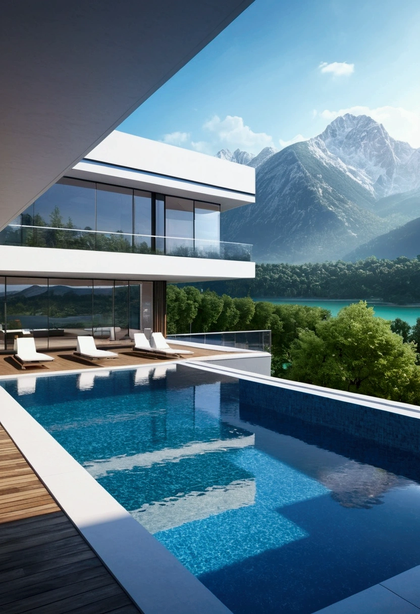 Futuristic technology house, 3-storey building, Towards the mountains, Lake view, Large swimming pool, Modern architectural style, Highly detailed photos, building, Complex , Shadow, High Dynamic Range, Dynamic Light, Realistic, Lightweight and naturally soft, 低H, masterpiece, 8K detailed. Lots of details, Floor-to-ceiling glass, Fusion of technology and the natural environment, It's really cool.,