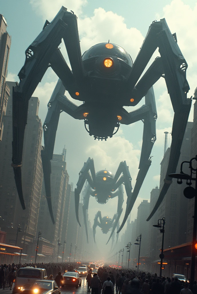 Super huge spider-shaped weapons, all over town, crowds, traffic jams, panic, bird's-eye view,