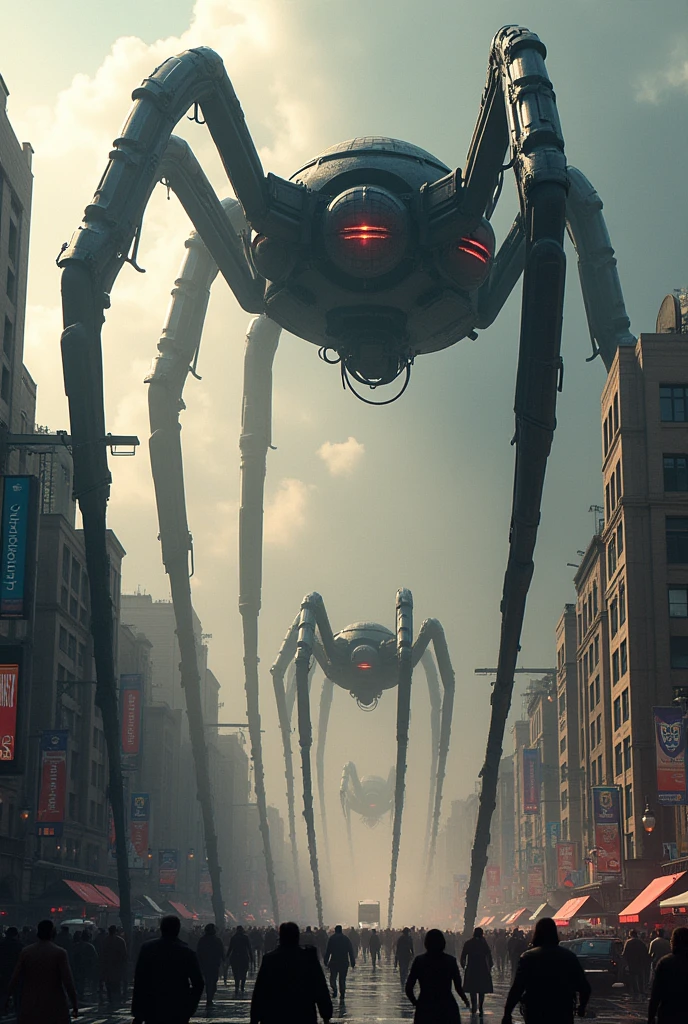 Super huge spider-shaped weapons, all over town, crowds, traffic jams, panic, bird's-eye view,