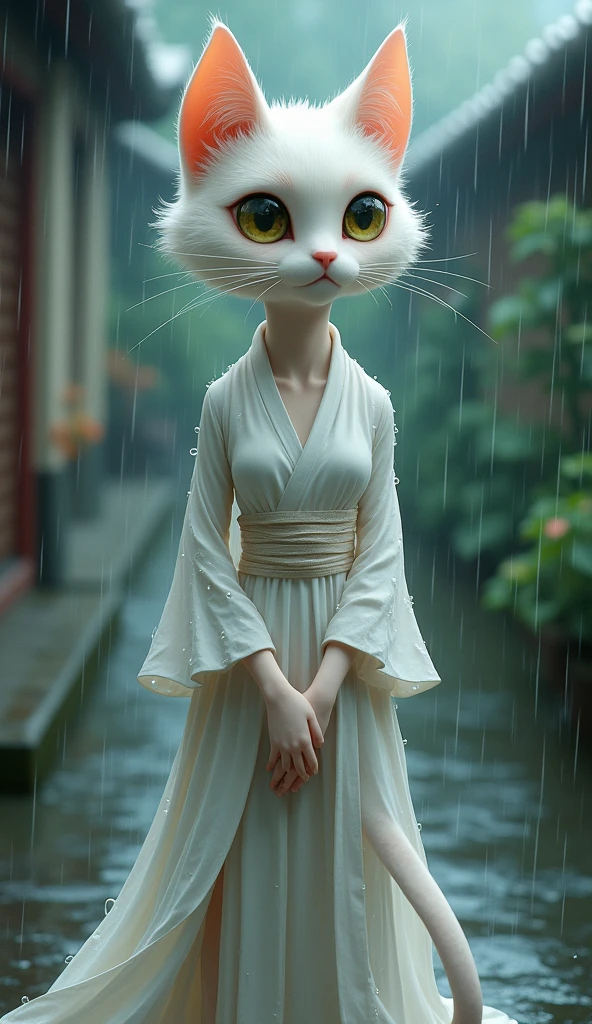 "An anthropomorphic female cat character, standing gracefully in the rain. She has a slender, elegant build, wearing a drenched traditional outfit that clings to her form. Her white fur is wet, with droplets running down her body, and her large, expressive eyes convey a sense of calm. The character has a human-like physique, and the scene is set against a rainy backdrop with a realistic yet whimsical, cartoon-like twist."