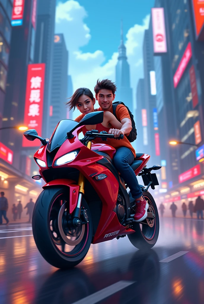 [Detailed],[Animated, 4k, A Guy riding Yahamaha R15 V4 With his girlfriend, in a city rode