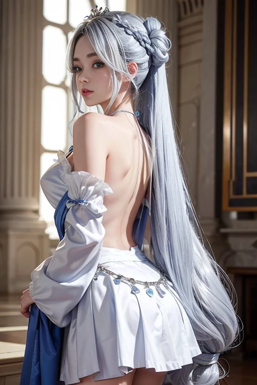 8K, Ultra High Definition, Super detailed, Shiny detailed hair, detailed face, fantasy landscape, solo, looking at viewer, {{best quality}}, {{masterpiece}}, {{ultra-detailed}}, {detailed light}, ultra high quality eyes, detailed eyes, perfect eyes, large eyes, detailed blue eyes, white hair, long hair, adorned hair, beautiful, skinny body, white skin, slutty, erotic, suggestive, view from the back, looking from behind, curvy booty, showing the butt, lingerie, in lingerie, blushing, open mouth, ahegao, ((nsfw))