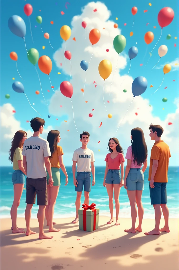 Some young people are celebrating their birthday together on the beach. Balloons are rising all around. Many young people are celebrating around. One stands back with a gift box in hand. T.S.B CEO written on the back of Kal T-shirt