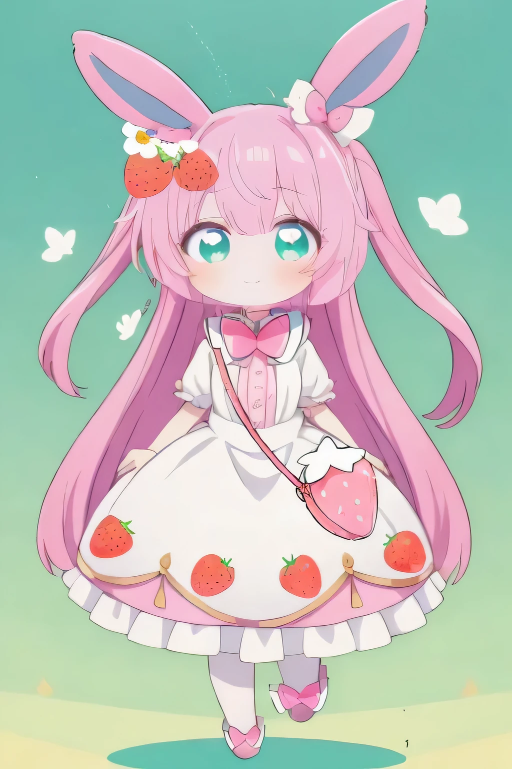 1girl,chibi,full body,green background,blue eyes,with heat-shaped irises,rabbit ears,pink hair,long hair,enjoy,tareme,cute eyes,strawberry pattem,two side up hair