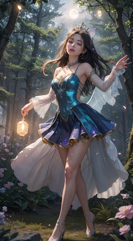 In a realm of enchantment, within a magical forest, a mystical fairy girl emerges, a radiant being adorned in gossamer threads of moonlight. Her skirt, woven from petals and stardust, shimmers with an iridescent glow, reflecting the celestial canopy above. Flowering trees々As she flutters her wings in the midst of sparkling fireflies, the air resonates with the ethereal symphony of nature's whispers, Creating a place where dreams and reality are intertwined,Dances that form pure charm,Mo size,Full body photo,The scene is