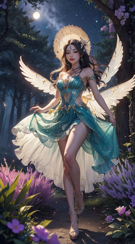 In a realm of enchantment, within a magical forest, a mystical fairy girl emerges, a radiant being adorned in gossamer threads of moonlight. Her skirt, woven from petals and stardust, shimmers with an iridescent glow, reflecting the celestial canopy above. Flowering trees々As she flutters her wings in the midst of sparkling fireflies, the air resonates with the ethereal symphony of nature's whispers, Creating a place where dreams and reality are intertwined，Dances that form pure charm，Mo size，Full body photo，The scene is