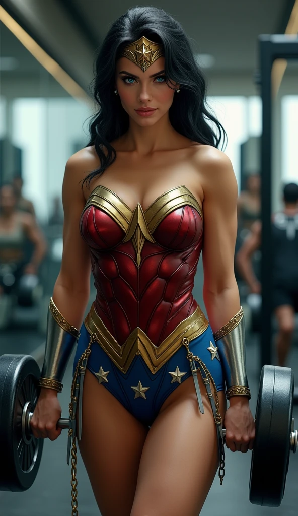 Very sexiest wonder woman dumbbell lifting in gym.