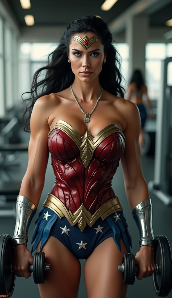 Very sexiest wonder woman dumbbell lifting in gym.