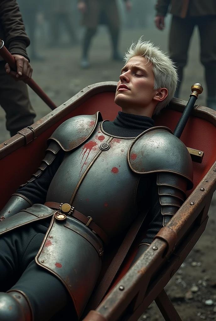 Generate a picture of a short white hair 25 year old man lying dead on a hand carrying stretcher wearing knight suit and a sword is placed upon his bloody chest.