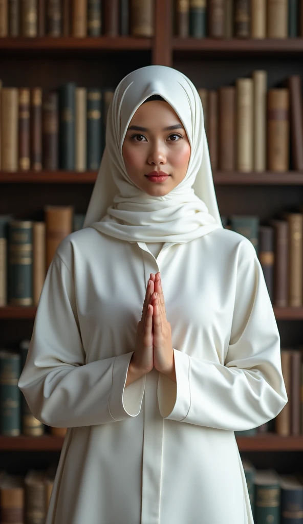 Create a realistic picture of a beautiful woman, clean white skin, sharp nose, Indonesian face, wearing a neat long white hijab, white Islamic Muslim clothing, wearing white sneakers. facing forward. hands cupped in front of chest. background of a cupboard full of books.