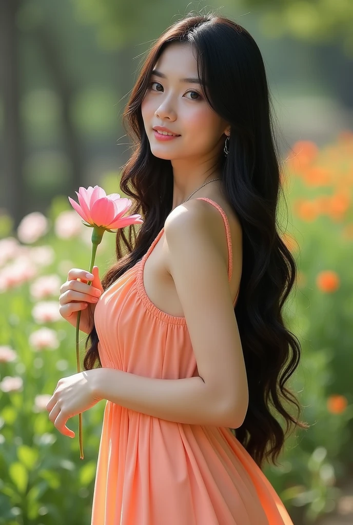 ((The Peeping Tom's Perspective)) A beautiful asian and young girl.Her facial features are exquisite and fully conform to the golden ratio of human anatomy...Her long, black hair, Big breasts, huge chest, fat body,  beautiful scenery,  big breasts, big, big tits, busty , big breast,  big boobs, wearing a beautiful sexy peach maxi dress, at the flower garden, sexy pose , holding a flower in her hands,  enjoying her time,  smelling the flowers 