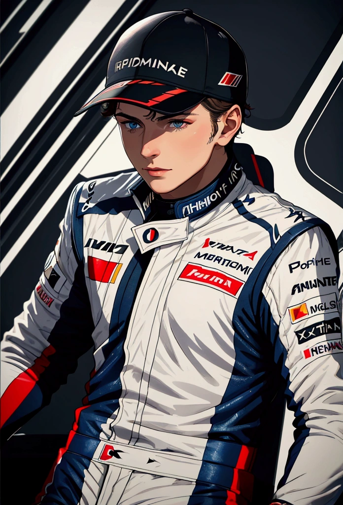 high quality,High resolution,16K,Sharp lines,1 person,Male Formula 1 racing driver ,Handsome, At the race venue,,Beautiful face in every detail,Detailed clothing,Beautiful Eyes,nice,Dynamic Angle