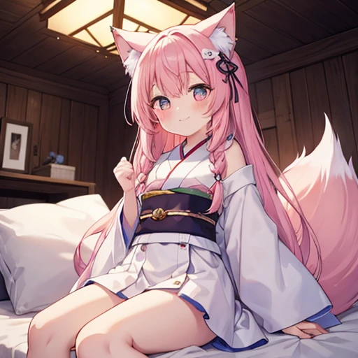 Highest quality, masterpiece, detailed, 1 person,,small,cute,blush,smile,(White Baby Doll), Pink Hair,Long Hair,Cat ear,(Fox tail),Sitting on a white futon, (Cowgirl), From below, Cowboy Shot, (Japanese-style room), (darkness)