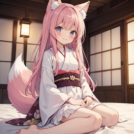 Highest quality, masterpiece, detailed, 1 person,,small,cute,blush,smile,(White Baby Doll), Pink Hair,Long Hair,Cat ear,(Fox tail),Sitting on a white futon, (Cowgirl), From below, Cowboy Shot, (Japanese-style room), (darkness)