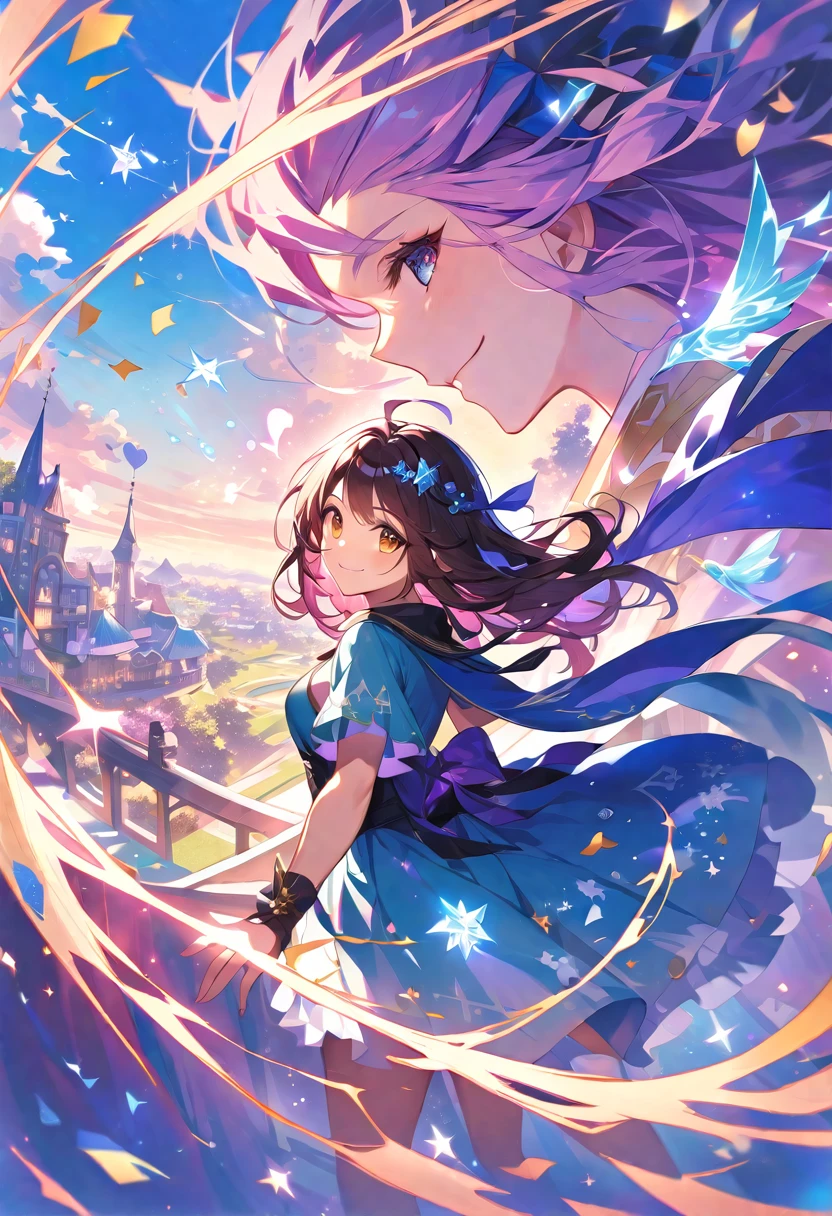 In this world bound by the atonement of magic, a lone witch who gained the power to kill mages seeks to break free from magic.、(Rear view of one woman)、(Look back and smile)、View your viewers、A refreshing background、A sky symbolizing magic、Enchanted World、A world with secrets、Feel the magic