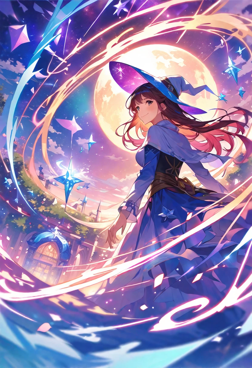 In this world bound by the atonement of magic, a lone witch who gained the power to kill mages seeks to break free from magic.、(Rear view of one woman)、(Look back and smile)、View your viewers、A refreshing background、A sky symbolizing magic、Enchanted World、A world with secrets、Feel the magic