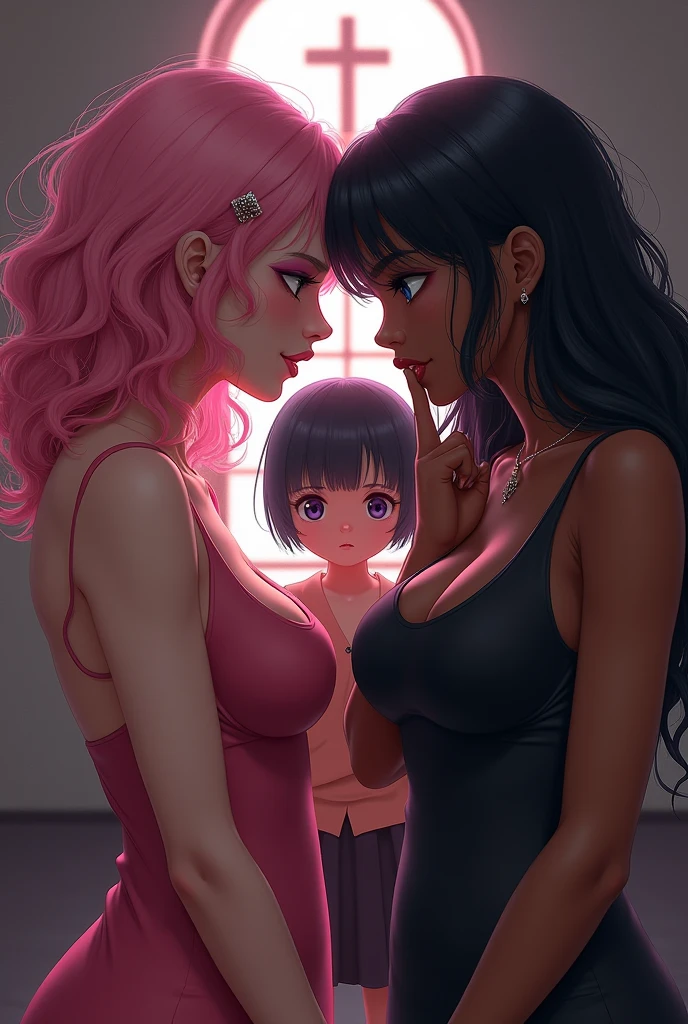 Sexy girl very big breasts nude pink hair, curly and long, with big pink lips, with long eyelashes violet eyes, They look into each other&#39;s eyes with another embarrassed dark-skinned girl with blue eyes as she touches her lips tensely ,dark skinned dwarf , Short black pixie hair very short above the ears and small chest, having sex in a Catholic school
