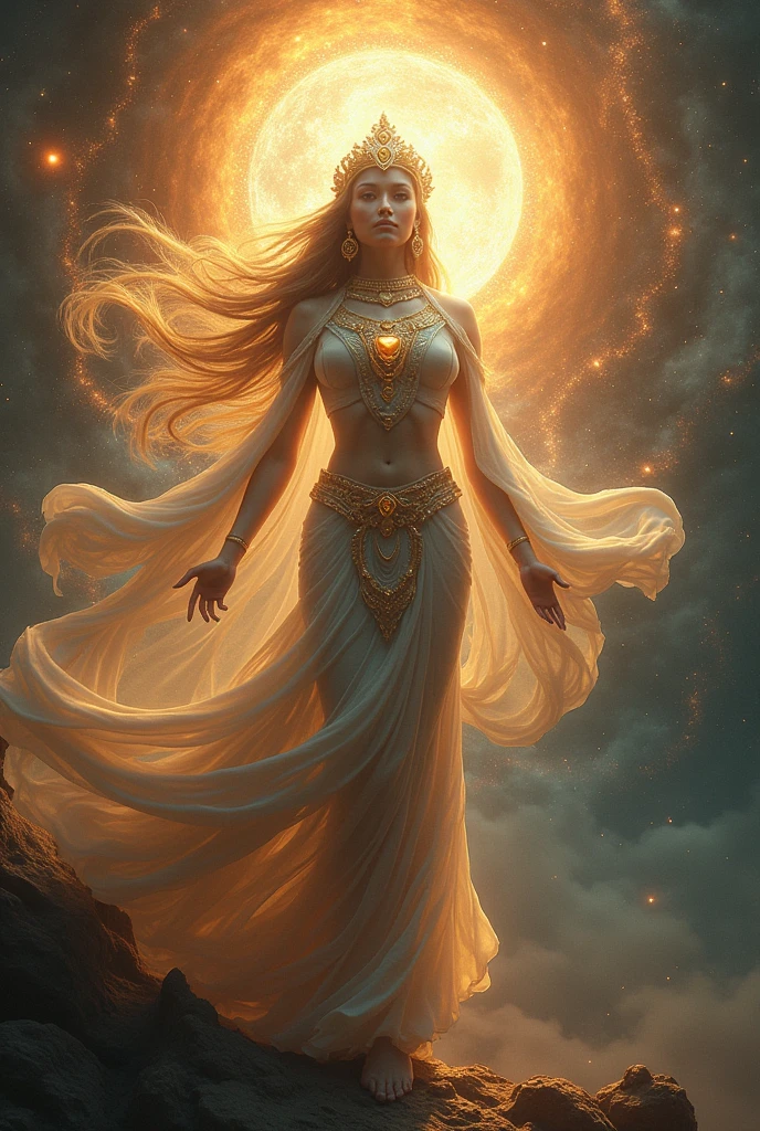 Imagine The Devine Universal Mother, The maternal Cosmic Power, The Supreme Radiant Power, Shakti. Hd, High detail, High contrast, High texture, Hyper realistic, Cinematic