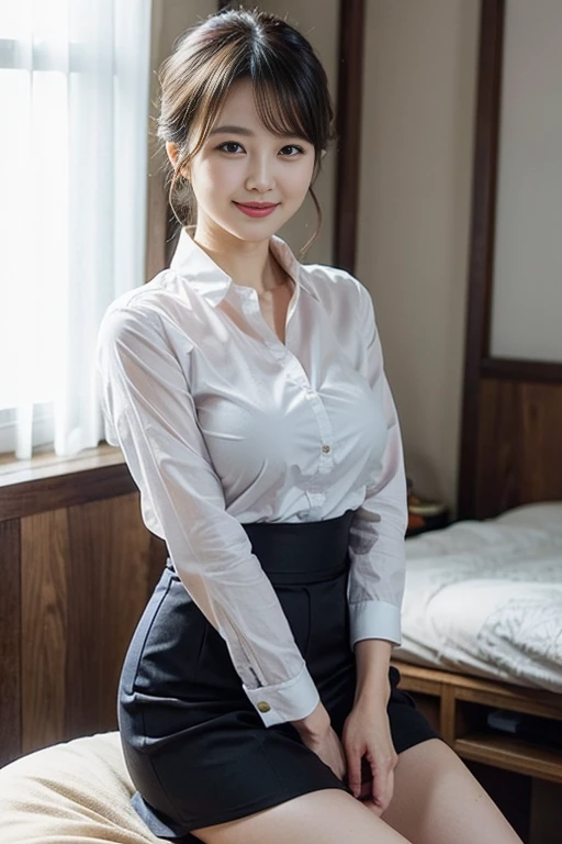 Beautiful Japanese Woman、Beautiful mature woman、Classy sexiness、Tight business shirt、panties、smile、Round face、Updo、Thighs、