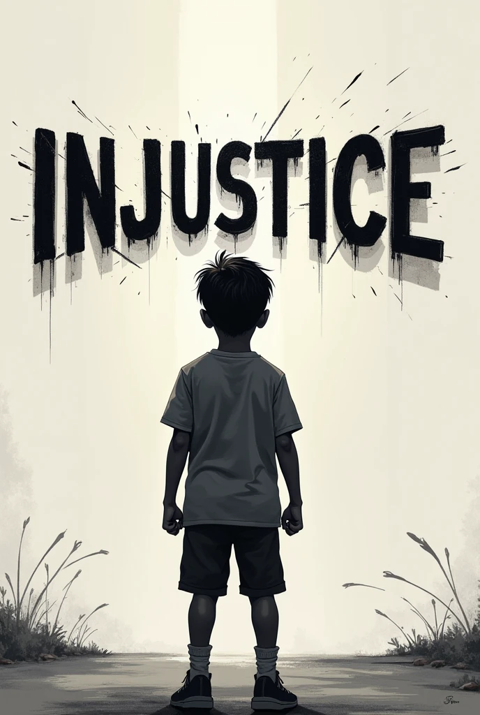 A young boy is punching the word injustice in front of him.