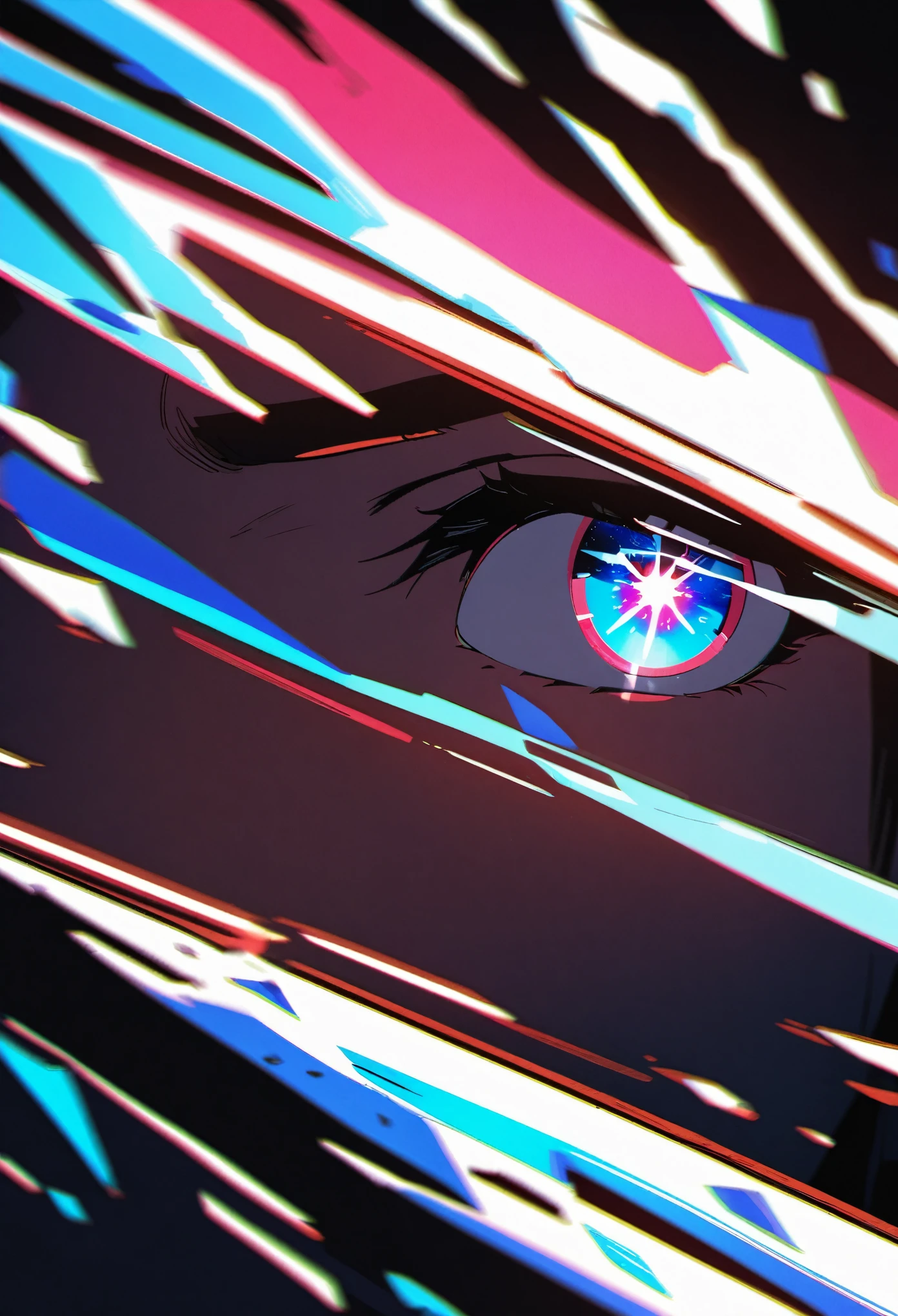 Eye of the Universe, Shattered glass fragments, peep, Faulty, Dark Fantasy, close up, Motion Blur, portrait, Dynamic Lighting, Clear focus, High contrast, Line Art, HD, Chromatic Aberration, Practical, Japanese cartoons, Comic Art, masterpiece, best quality, Aesthetic, absurd, 8K