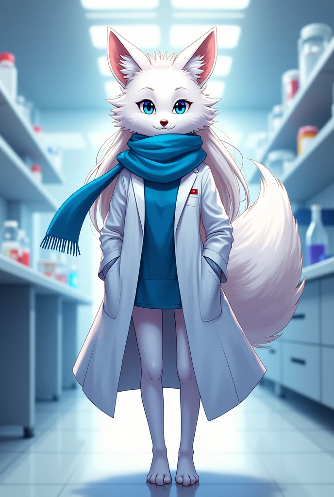 white furry fox girl scientist with long white hair  with furry head she is staing on 2 legs check_9,check_8,check_7,check_8_up,check_7_up、Anime character with Arctic Fox ears wearing lab coat and blue scarf,Arctic Fox，Fluffy blue fur and a blue tail.,,The beauty of the fox in a lab coat,  scientist Fox，inside the lab, professional furry drawing