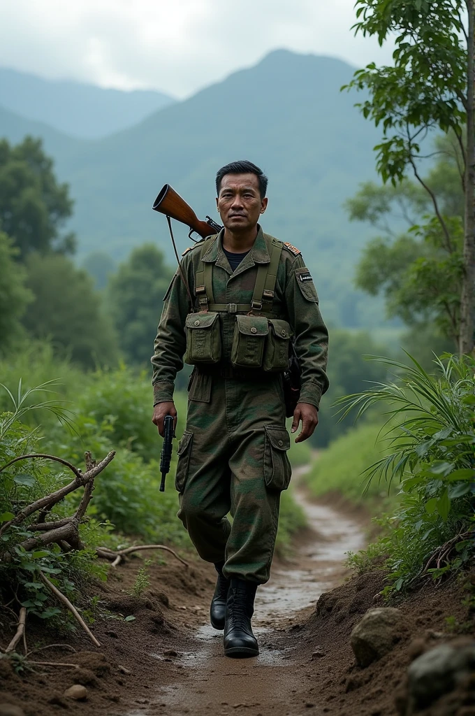 A Myanmar PDF soldier walking from the mountain to the village. Point of view is behind the shoulder 