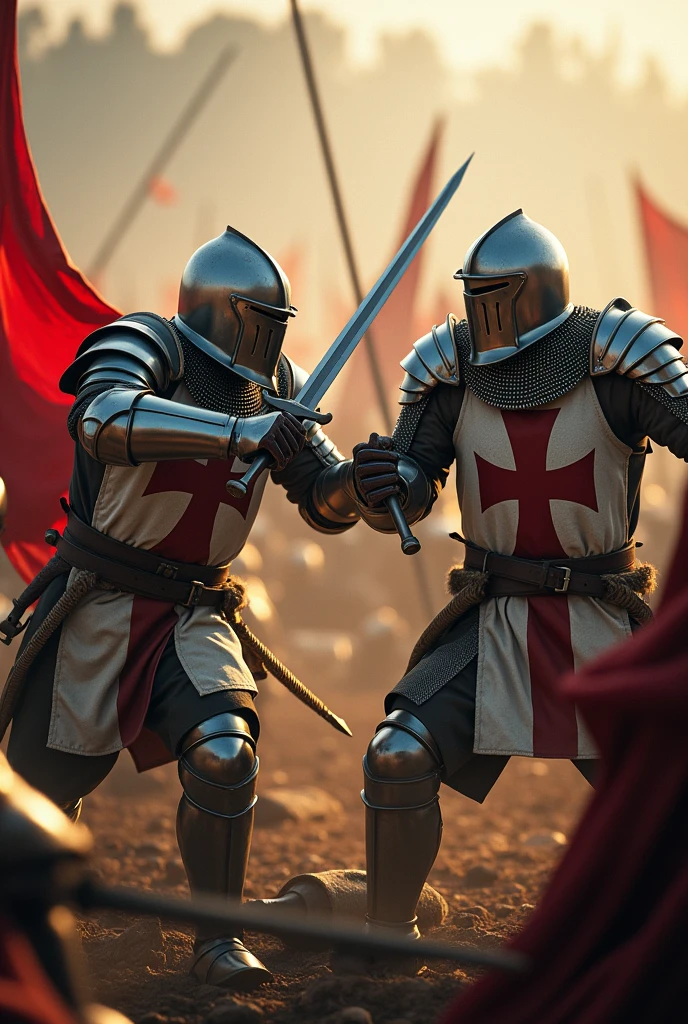 A highly realistic, high-contrast, 8K HD, detailed, hyper-detailed battle scene where the Crusaders, wearing white tunics with red crosses and steel helmets, are engaged in intense combat with an enemy army of knights clad in ornate, polished armor. The battlefield is chaotic, with both sides fiercely clashing swords and shields. The ground is strewn with the fallen, and the atmosphere is filled with the brutality of medieval warfare. The skin textures of the warriors are rendered with ultra-realistic detail, under dramatic lighting, capturing the raw intensity of the moment. The image is of the highest quality, with ultra-high resolution, RAW photo quality, and Unreal Engine rendering, creating a visually stunning and immersive depiction of this brutal conflict.