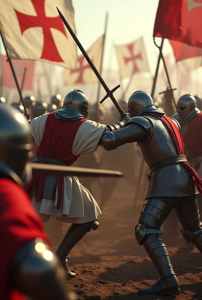 A highly realistic, high-contrast, 8K HD, detailed, hyper-detailed battle scene where the Crusaders, wearing white tunics with red crosses and steel helmets, are engaged in intense combat with an enemy army of knights clad in ornate, polished armor. The battlefield is chaotic, with both sides fiercely clashing swords and shields. The ground is strewn with the fallen, and the atmosphere is filled with the brutality of medieval warfare. The skin textures of the warriors are rendered with ultra-realistic detail, under dramatic lighting, capturing the raw intensity of the moment. The image is of the highest quality, with ultra-high resolution, RAW photo quality, and Unreal Engine rendering, creating a visually stunning and immersive depiction of this brutal conflict.
