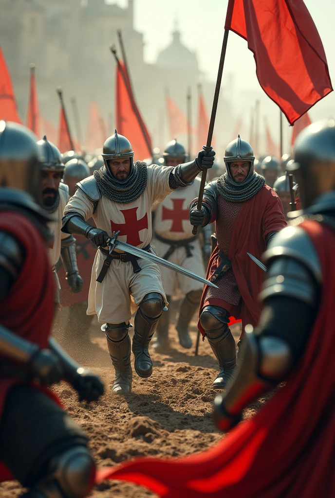 A highly realistic, high-contrast, 8K HD, detailed, hyper-detailed battle scene where the Crusaders, wearing white tunics with red crosses and steel helmets, are engaged in intense combat with an enemy army of knights clad in ornate, polished armor. The battlefield is chaotic, with both sides fiercely clashing swords and shields. The ground is strewn with the fallen, and the atmosphere is filled with the brutality of medieval warfare. The skin textures of the warriors are rendered with ultra-realistic detail, under dramatic lighting, capturing the raw intensity of the moment. The image is of the highest quality, with ultra-high resolution, RAW photo quality, and Unreal Engine rendering, creating a visually stunning and immersive depiction of this brutal conflict.