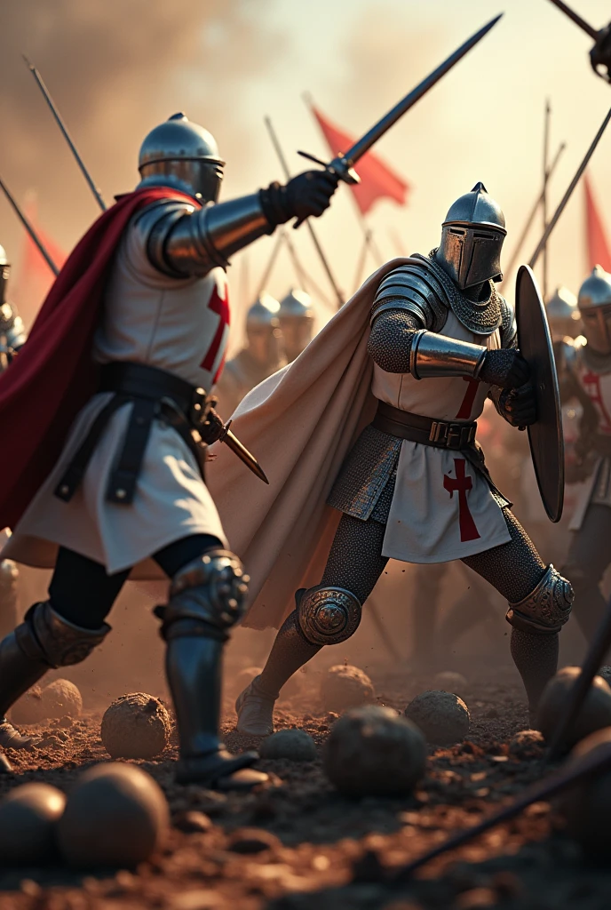 A highly realistic, high-contrast, 8K HD, detailed, hyper-detailed battle scene where the Crusaders, wearing white tunics with red crosses and steel helmets, are engaged in intense combat with an enemy army of knights clad in ornate, polished armor. The battlefield is chaotic, with both sides fiercely clashing swords and shields. The ground is strewn with the fallen, and the atmosphere is filled with the brutality of medieval warfare. The skin textures of the warriors are rendered with ultra-realistic detail, under dramatic lighting, capturing the raw intensity of the moment. The image is of the highest quality, with ultra-high resolution, RAW photo quality, and Unreal Engine rendering, creating a visually stunning and immersive depiction of this brutal conflict.