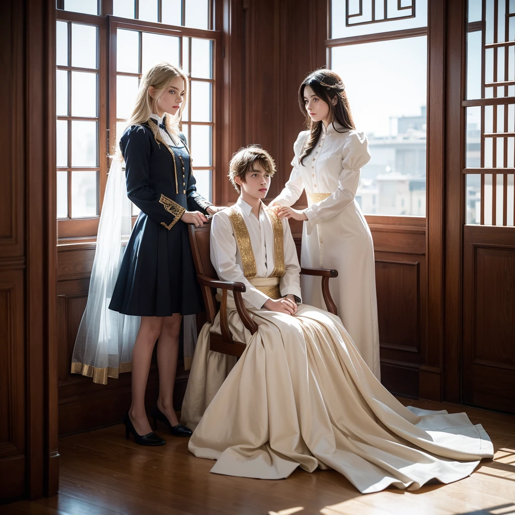 Western fantasy style，bright room，A boy sits on a chair，The boy has black short hair，Very handsome，He is wearing luxurious noble clothes。A maid stands on the left，The maid is cute，She is about the same age as the boy，Long blond hair，Golden pupils，A girl with medium-length hair, dressed as a magician, stands on the boy's right.，The girl has blue eyes and blue pupils

