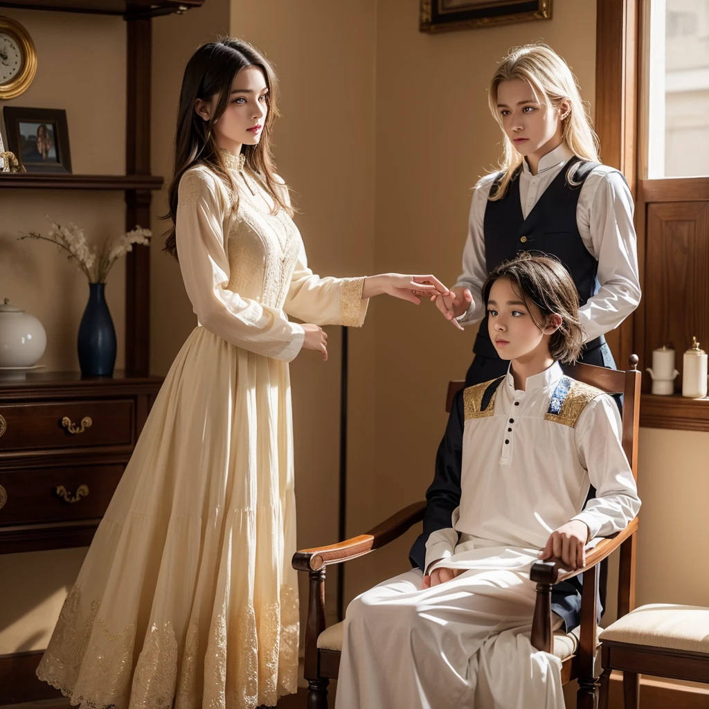 Western fantasy style,bright room,A boy sits on a chair,The boy has black short hair,Very handsome,He is wearing luxurious noble clothes。A maid stands on the left,The maid is cute,She is about the same age as the boy,Long blond hair,Golden pupils,A girl with medium-length hair, dressed as a magician, stands on the boy's right.,The girl has blue eyes and blue pupils
