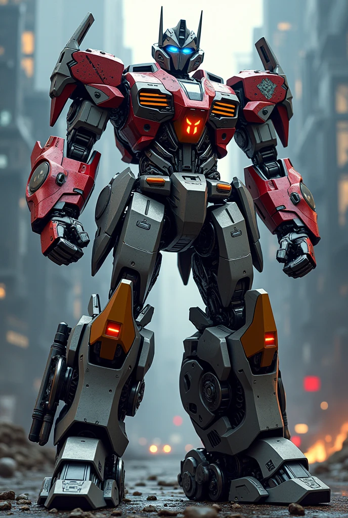 A highly detailed and realistic mecha robot, Gundam Optimus Prime, intricate engineering, complex machinery, futuristic technology, metallic surfaces, glowing energy cores, dramatic lighting, cinematic composition, epic scale, dynamic pose, powerful presence, 8k, ultra-detailed, realistic, masterpiece, cinematic lighting, dramatic shadows, vivid colors, seamless integration, photorealistic, hyper-detailed, mechanical complexity, industrial design, advanced technology, striking visual impact