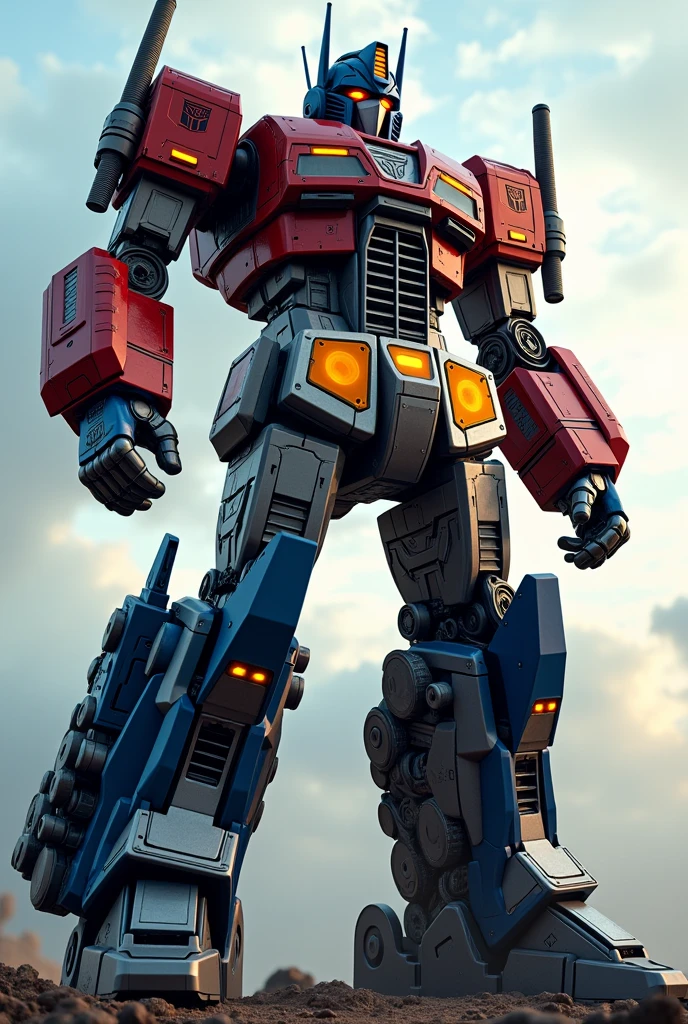 A highly detailed and realistic mecha robot, Gundam Optimus Prime, intricate engineering, complex machinery, futuristic technology, metallic surfaces, glowing energy cores, dramatic lighting, cinematic composition, epic scale, dynamic pose, powerful presence, 8k, ultra-detailed, realistic, masterpiece, cinematic lighting, dramatic shadows, vivid colors, seamless integration, photorealistic, hyper-detailed, mechanical complexity, industrial design, advanced technology, striking visual impact