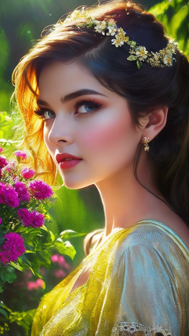 A girl in a garden,half:illustration,beautiful detailed eyes,beautiful detailed lips,Extremely detailed eyes and face,long eyeslashes,Plump breasts，gigantic cleavage breasts:1.6，High Resolutions,ultra detailed,fotorrealist,vivid colors,bokeh,rays of sunshine，full-body portraits，stunningly beautiful，,warm tones,soft lighting, (The best quality,4k,8k,High Resolutions,masterpiece:1.2),ultra detailed,(realist,fotorrealist,fotorrealist:1.37),classical,Amazing,beautiful detailed eyes,flying through the sky, dramatic lighting, cinematic composition, vibrant colors, epic fantasy,beautiful detailed lips,Extremely detailed eyes and face,long eyeslashes,oil painting style,Canvas texture,old fashioned dress,Golden lighting,Garden landscape,colorful flowers,romantic atmosphere,vintage colors,soft sunlight,serene expression,elegant pose
INFO
