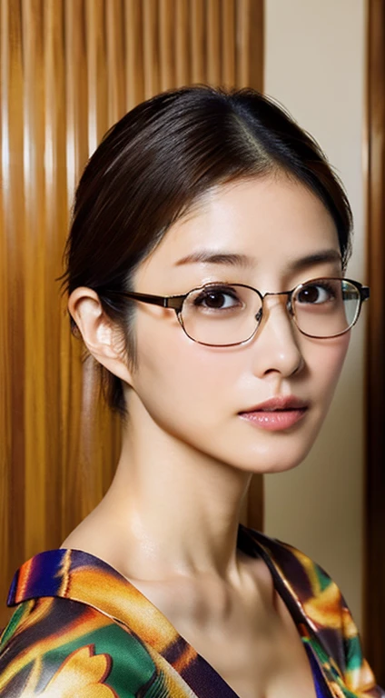 (Highest quality,8k,masterpiece),
Very beautiful face,40 year old Japanese model,
huge ,clavicle,shoulder,
kimono,Glasses、