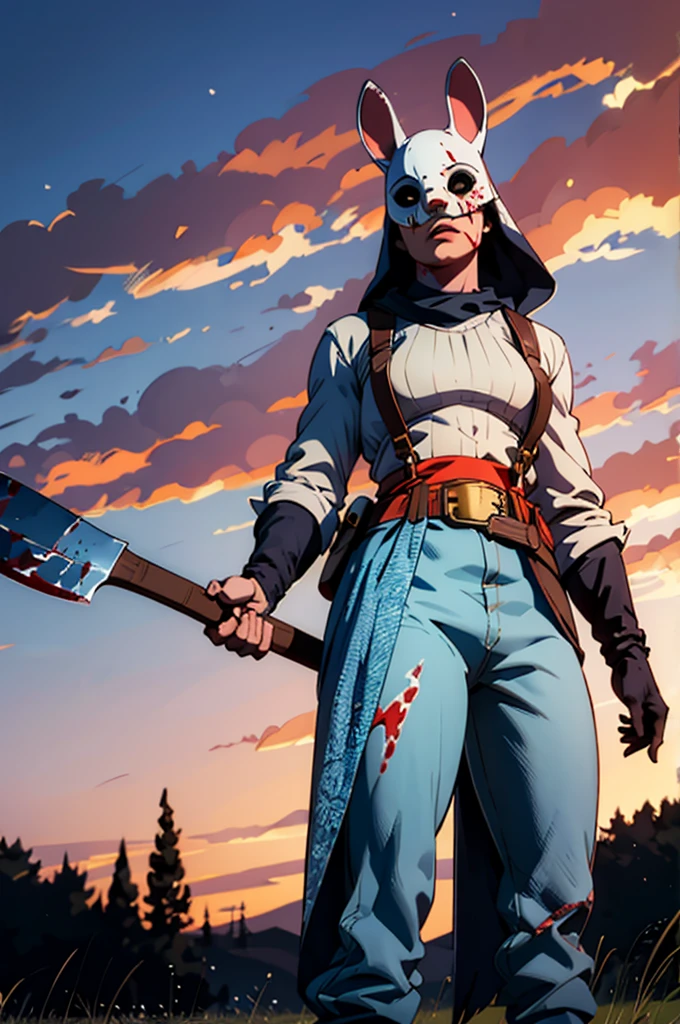 horror, covered in blood, tHuntress, ,mask with ears,black cowl,suspenders, white shirt, pants, tool belt, blue pelvic curtain, orange waistband, dynamic shot, holding weapon, axe, outside, field, house, dusk, twilight sky, high quality, masterpiece, 