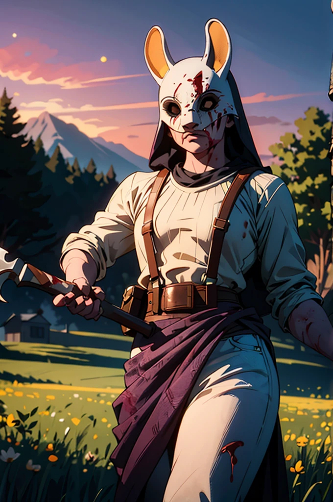 horror, covered in blood, tHuntress, ,mask with ears,black cowl,suspenders, white shirt, pants, tool belt, blue pelvic curtain, orange waistband, dynamic shot, holding weapon, axe, outside, field, house, dusk, twilight sky, high quality, masterpiece, 