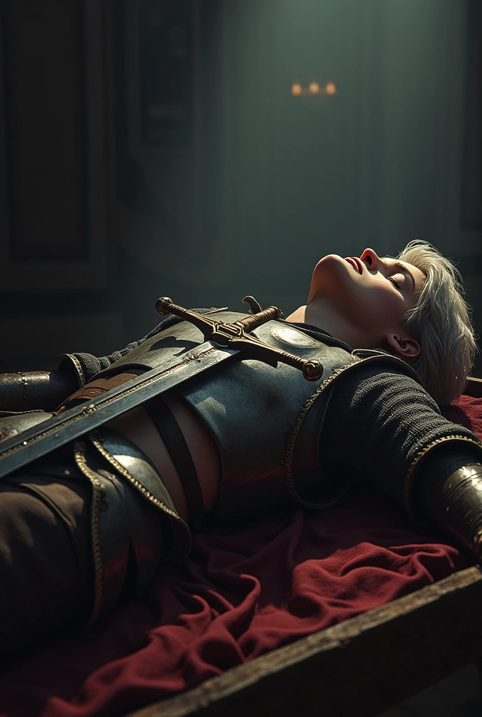 Generate a picture of a short white hair 25 year old man lying dead on a hand carrying stretcher wearing light knight suit and a sword is placed upon his bloody chest.It should look real.