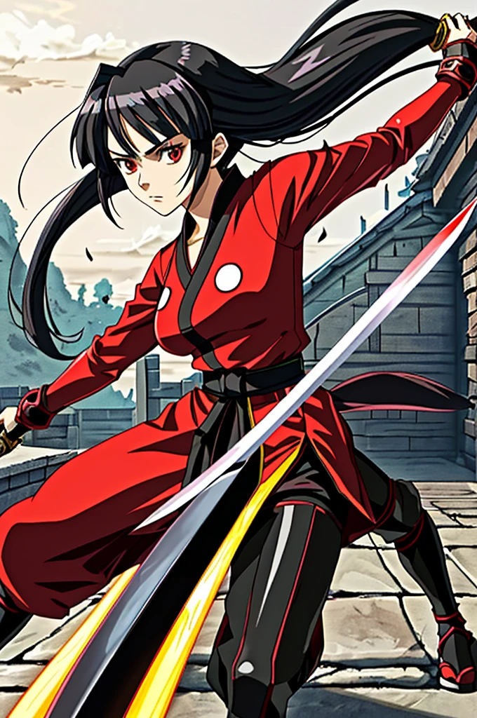 An anime character wearing red clothes and holding a katana, Maya Faye from Ace Attorney, Katana Zero video game characters, kunoichi, Anime Fencer, Attack pose, Natalie in an epic battle fantasy, Dramatic sword poses, JRPG Characters, Pubic Pose, Fox warrior with a naginata, Black-haired wizard, Also