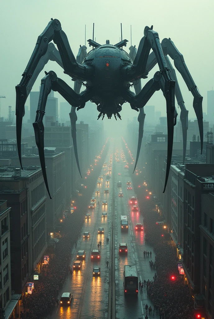 Super huge spider-shaped weapons, all over town, crowds, traffic jams, panic, bird's-eye view, from above